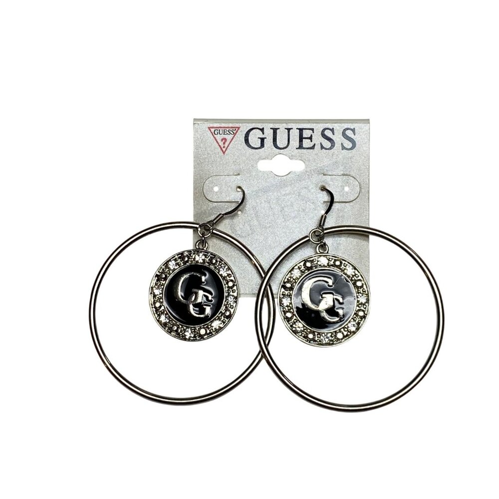 Guess Womens Silver-Tone Hoop Earrings With GG Logo & Rhinestone Accents‎